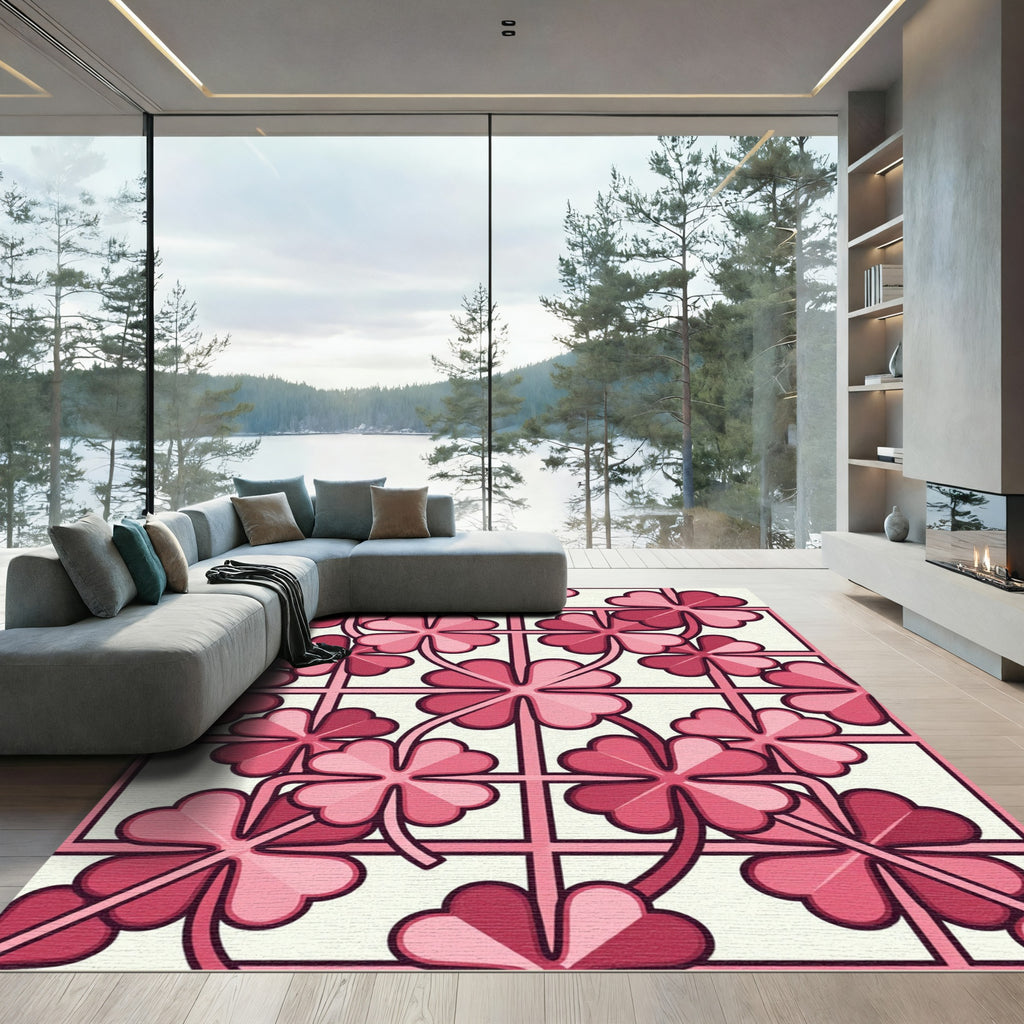 Pink Clover Grid Floral Art Rug