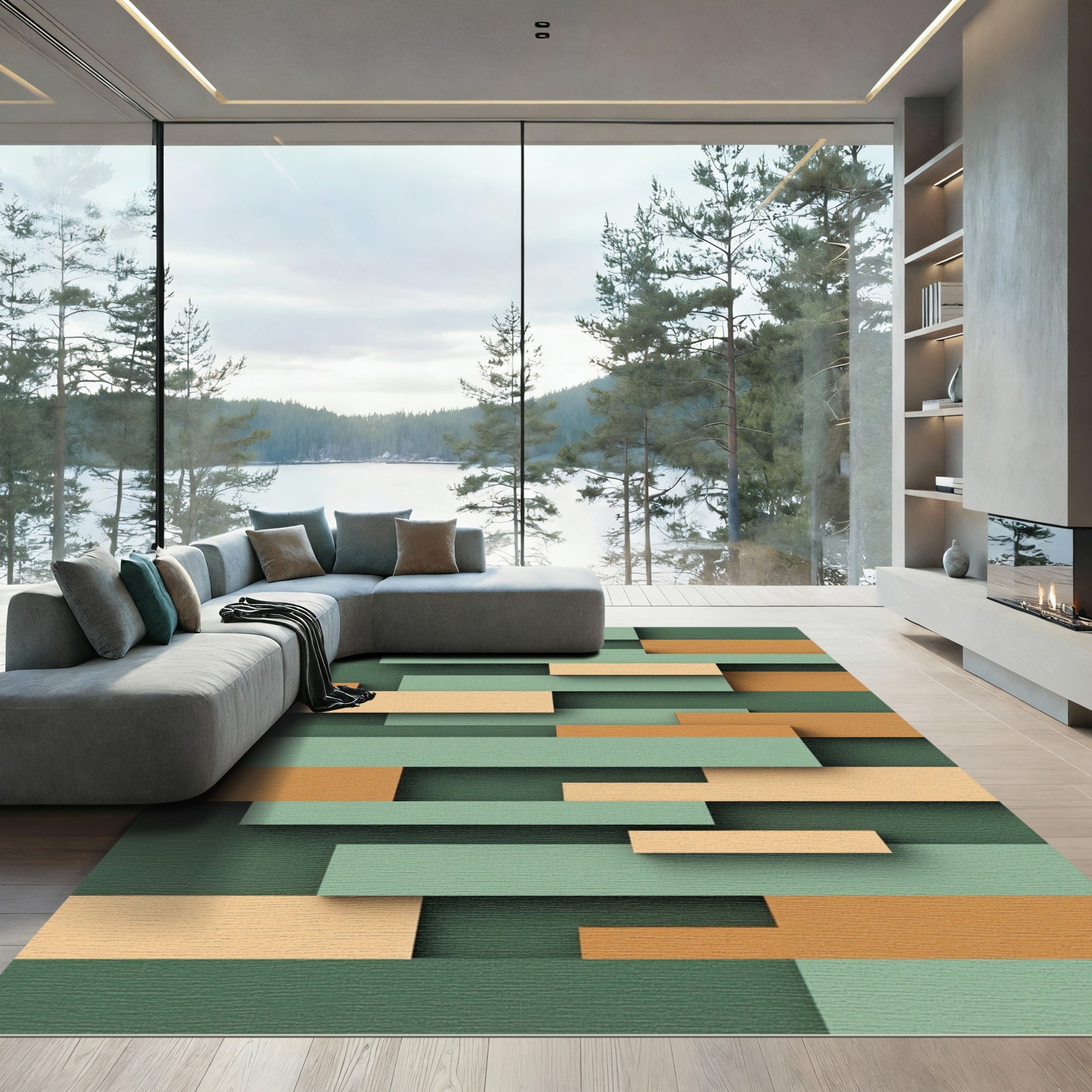 Modern Sage And Ochre Layered Blocks Rug