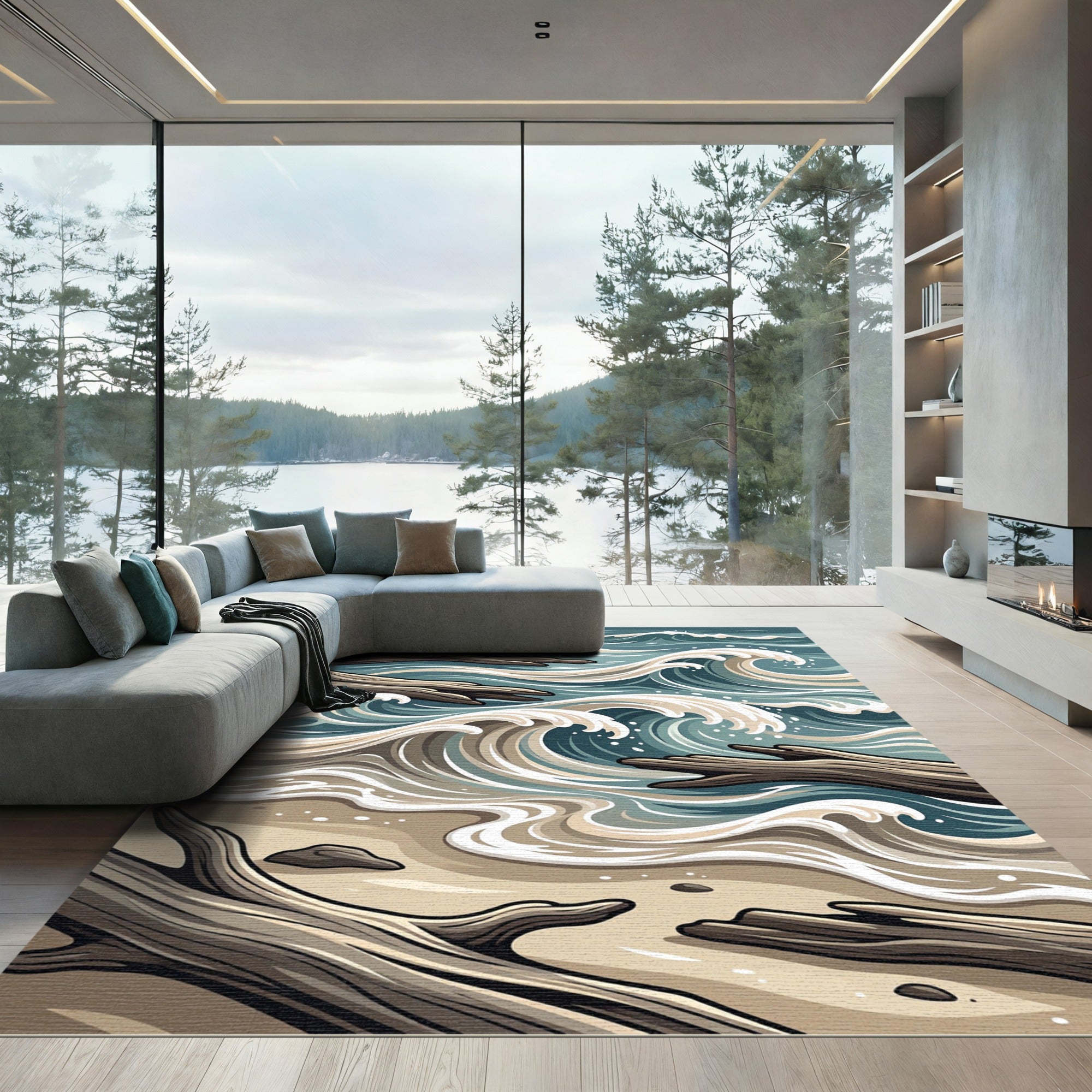 Coastal Driftwood Wave Beach Scene Rug