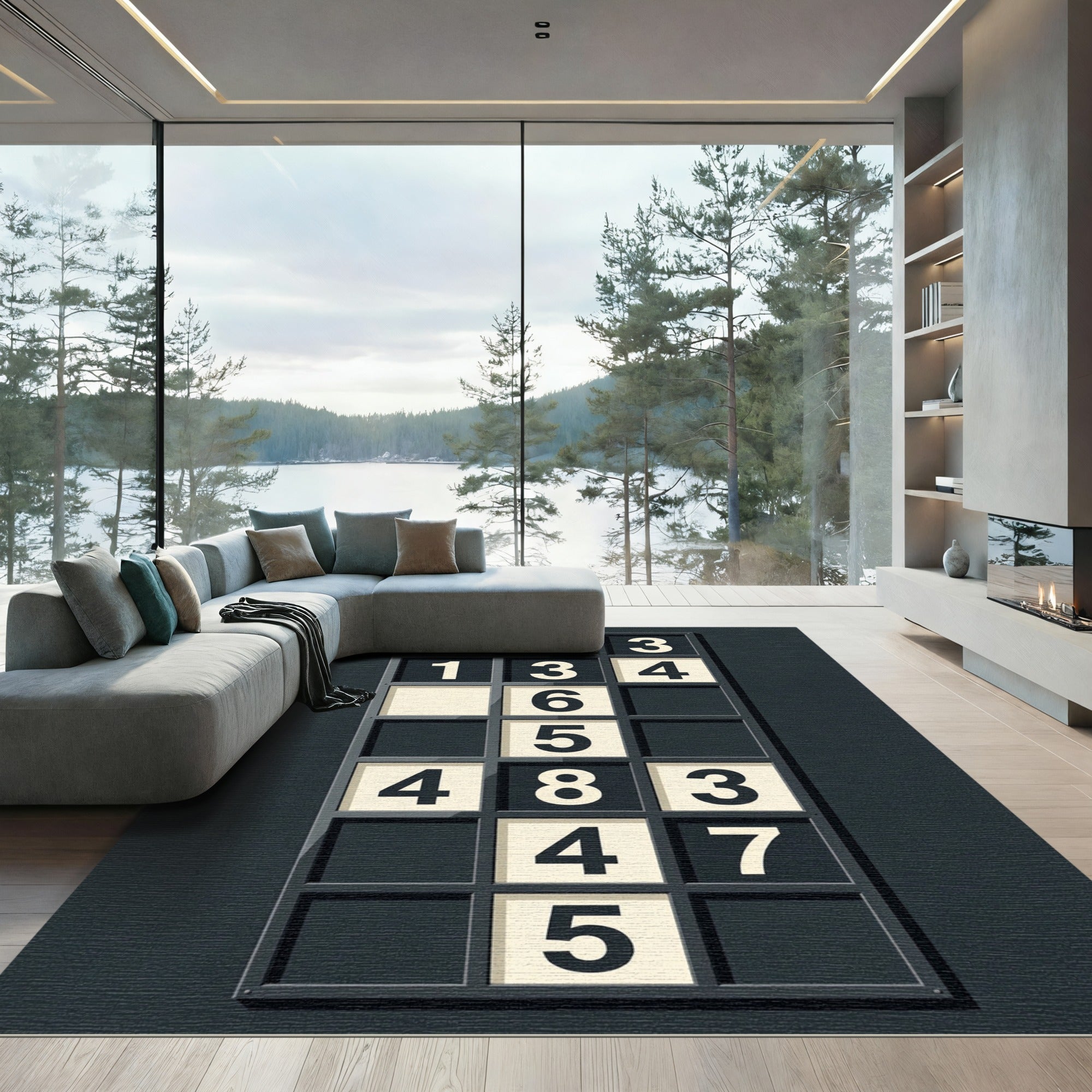 Contemporary Monochrome Grid Numerical Art Rug