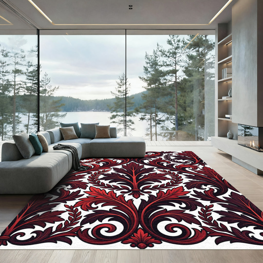 Crimson Red Scrolling Acanthus Leaf Rug