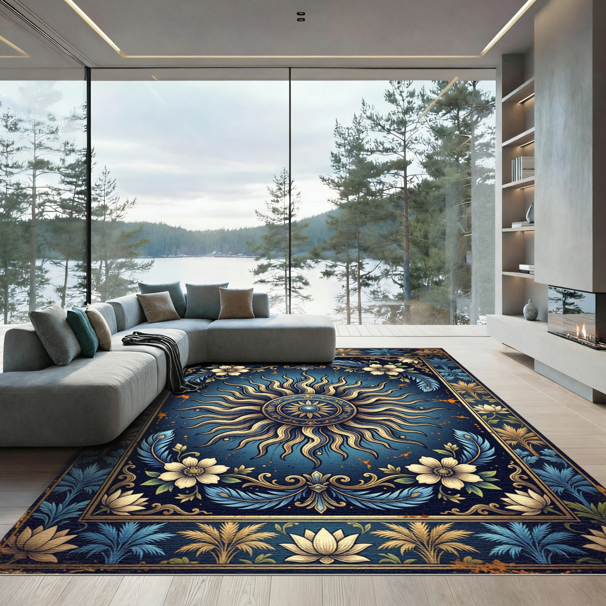 Celestial Golden Sun Blue Floral Medallion Rug