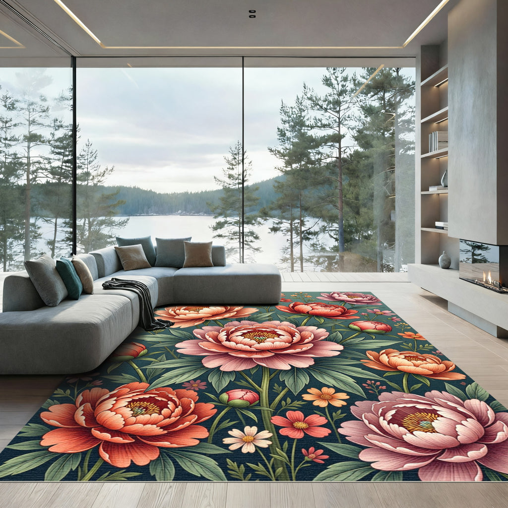 Blooming Peony Floral Teal Botanical Garden Rug