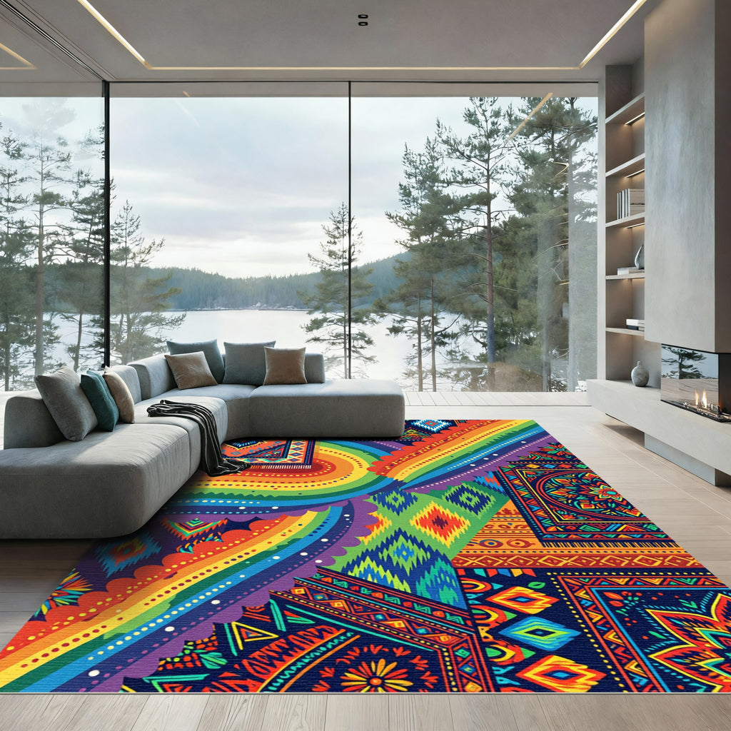 Vibrant Rainbow Saffron Medallion Collage Rug