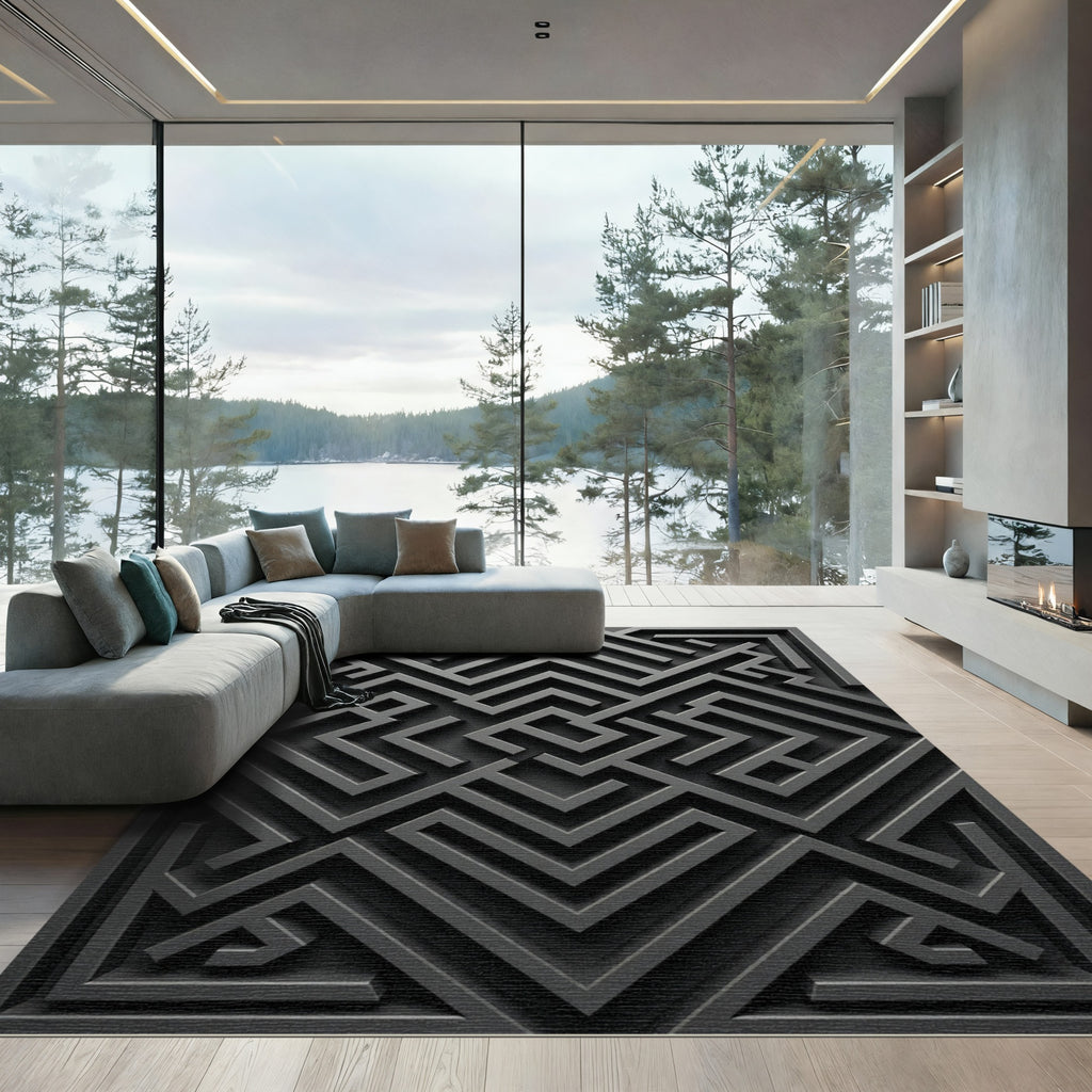 Monochromatic Charcoal Geometric Labyrinth Maze Rug