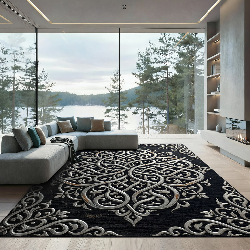 Silver Ornate Filigree Swirl Monochromatic Art Rug