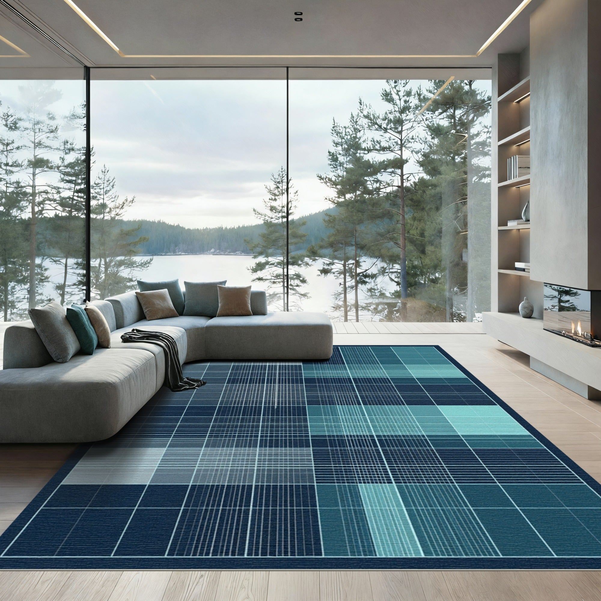 Calm Blue Grid Linear Composition Rug