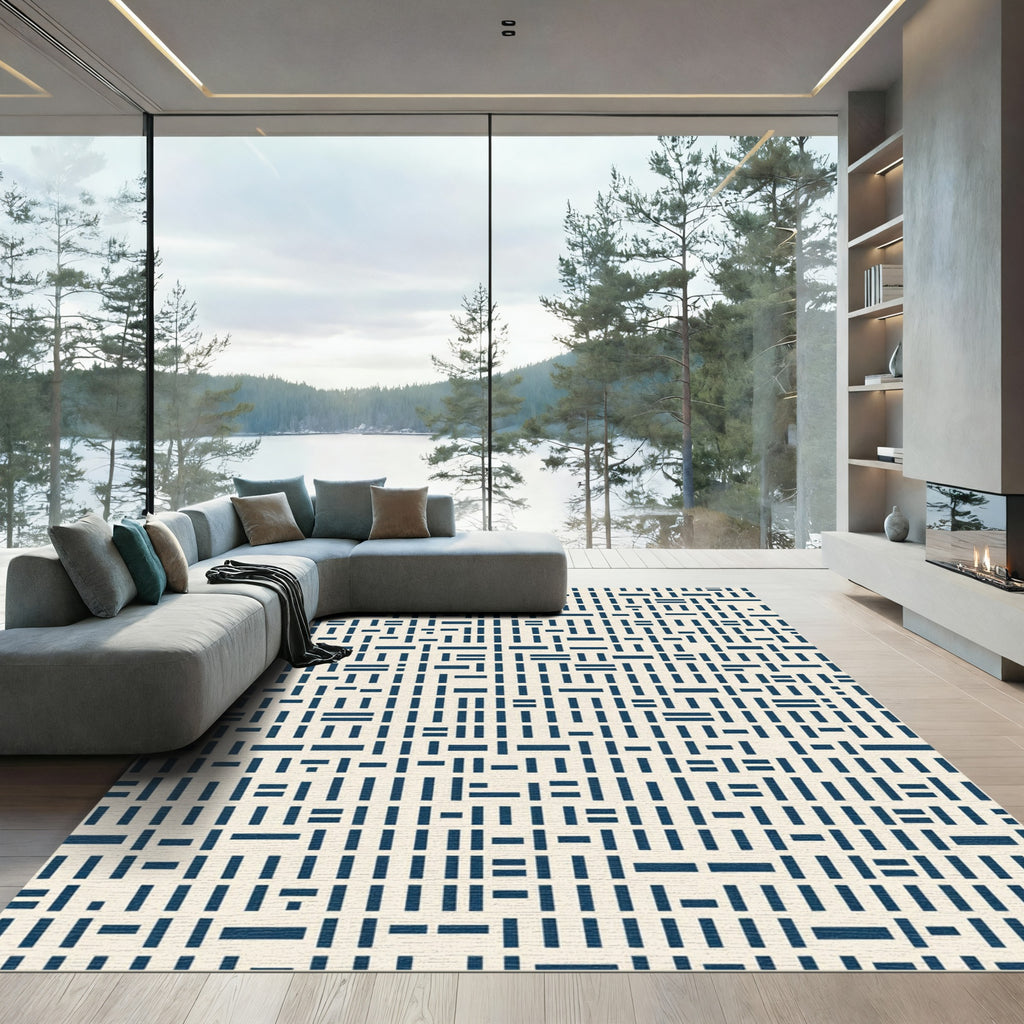 Modern Navy Crisp Grid Abstract Art Rug