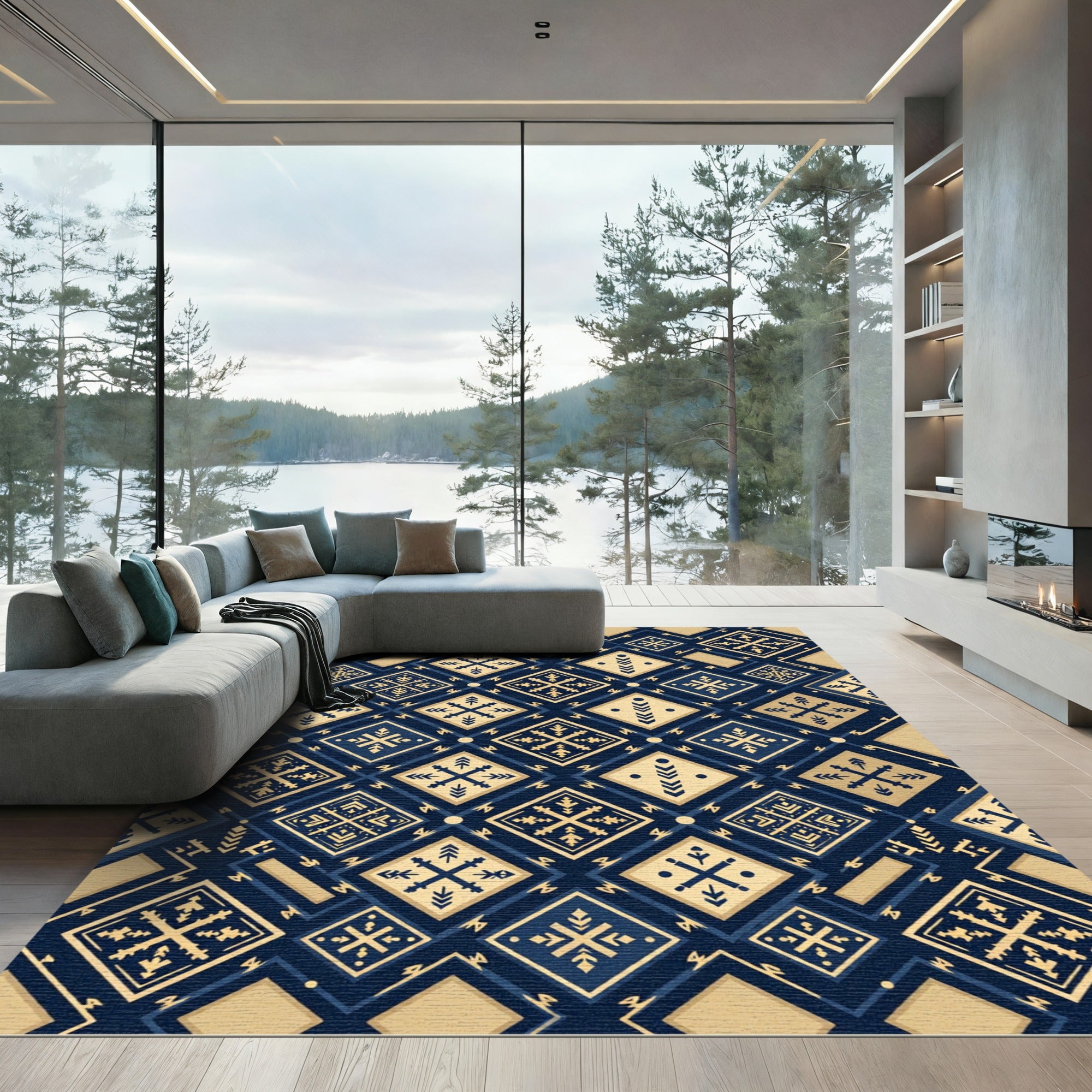 Navy Gold Diamond Geometric Tapestry Rug