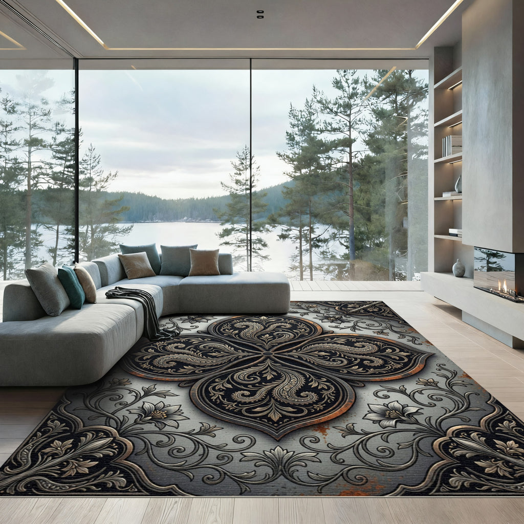 Ornate Charcoal Bronze Filigree Medallion Rug