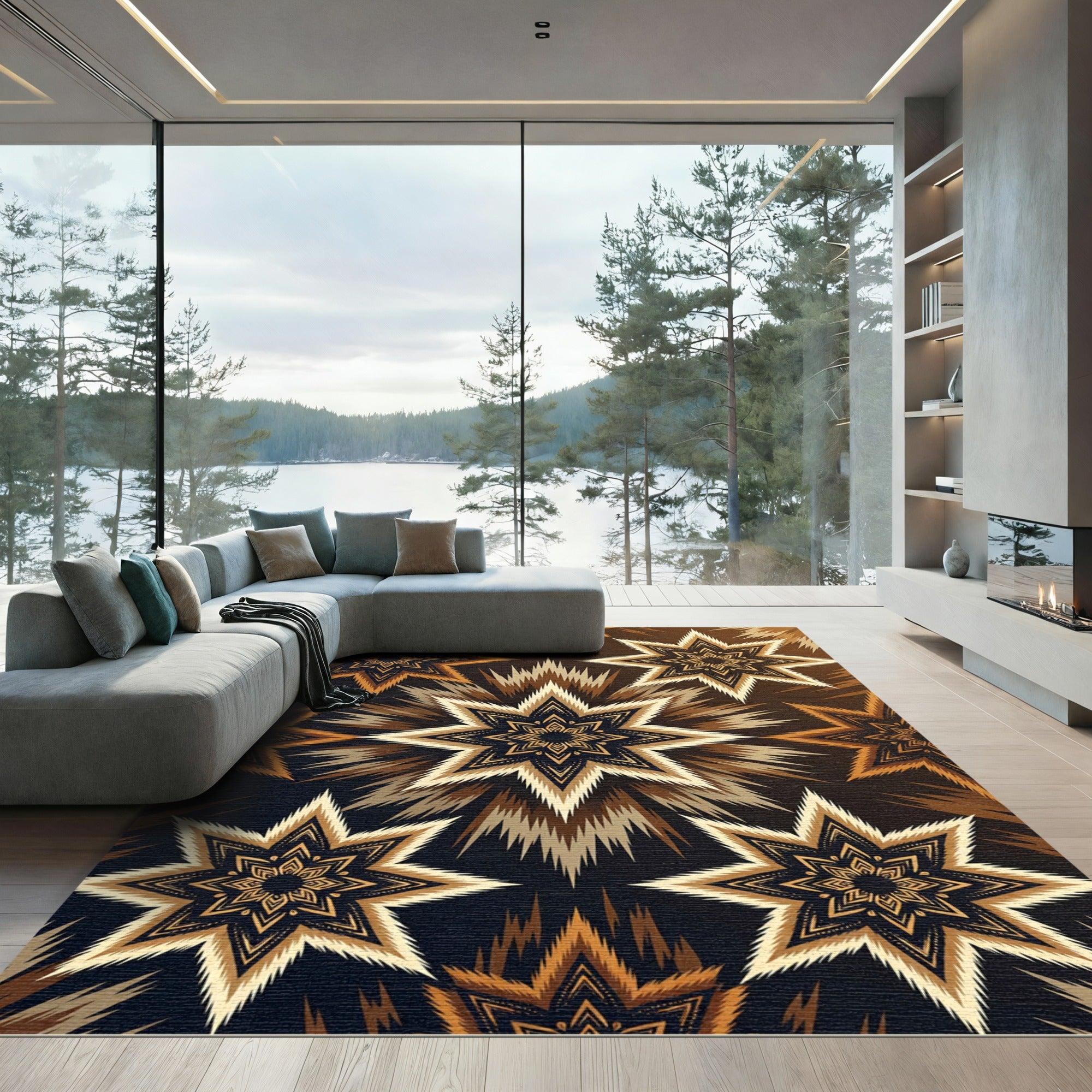 Golden Starburst Floral Medallion Rug