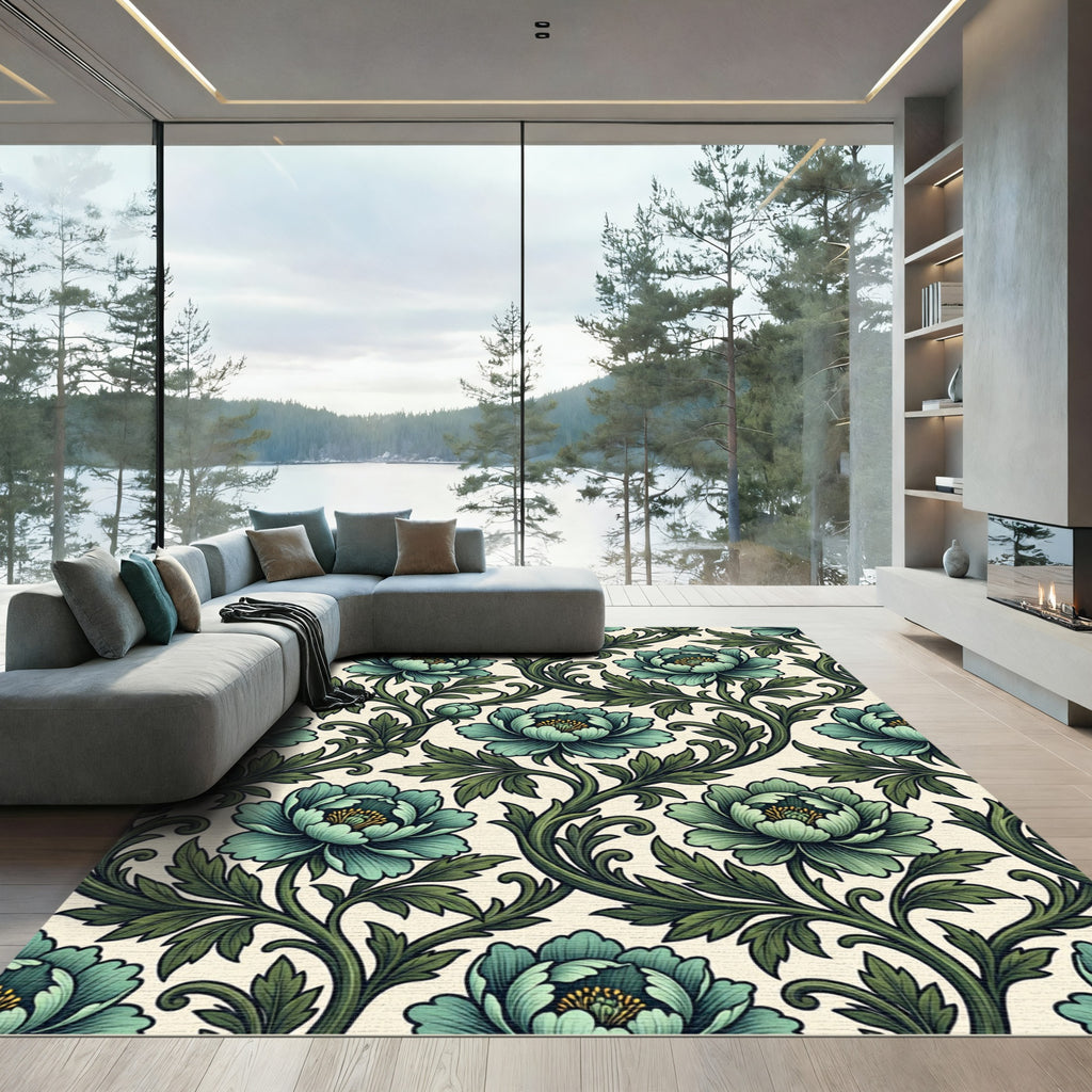 Teal Floral Vine Scroll Art Rug
