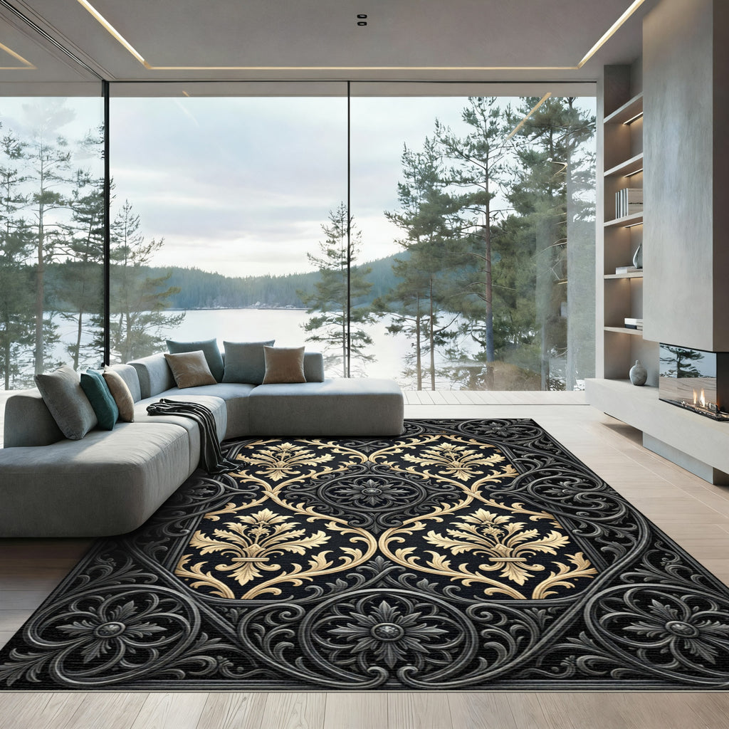Ornate Black Gold Damask Filigree Rug