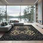 Ornate Black Gold Damask Filigree Rug