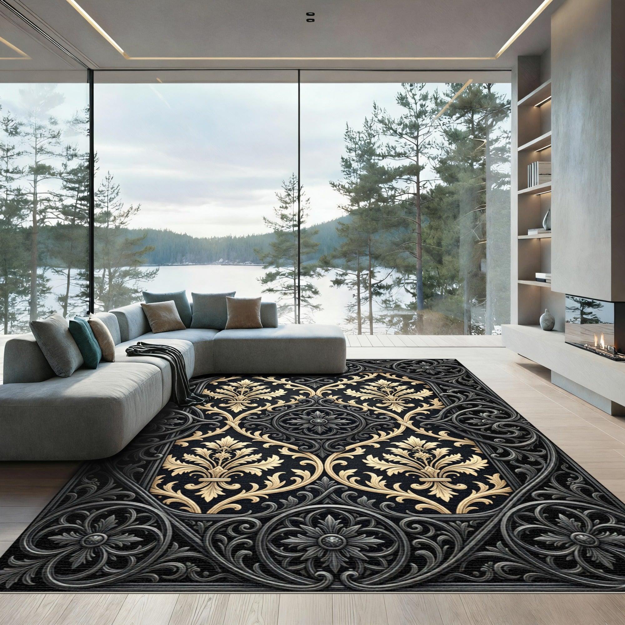 Ornate Black Gold Damask Filigree Rug