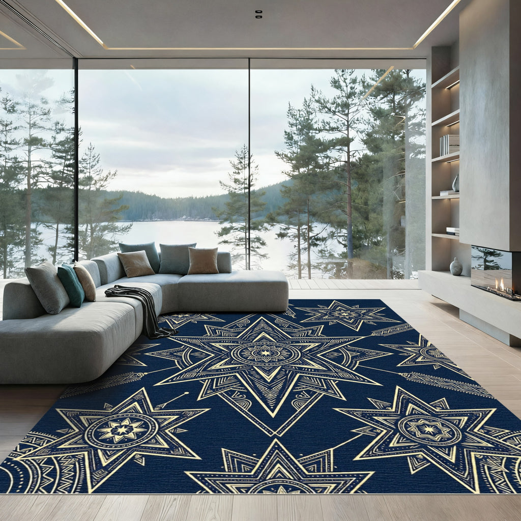 Midnight Blue Celestial Gold Starry Geometric Rug