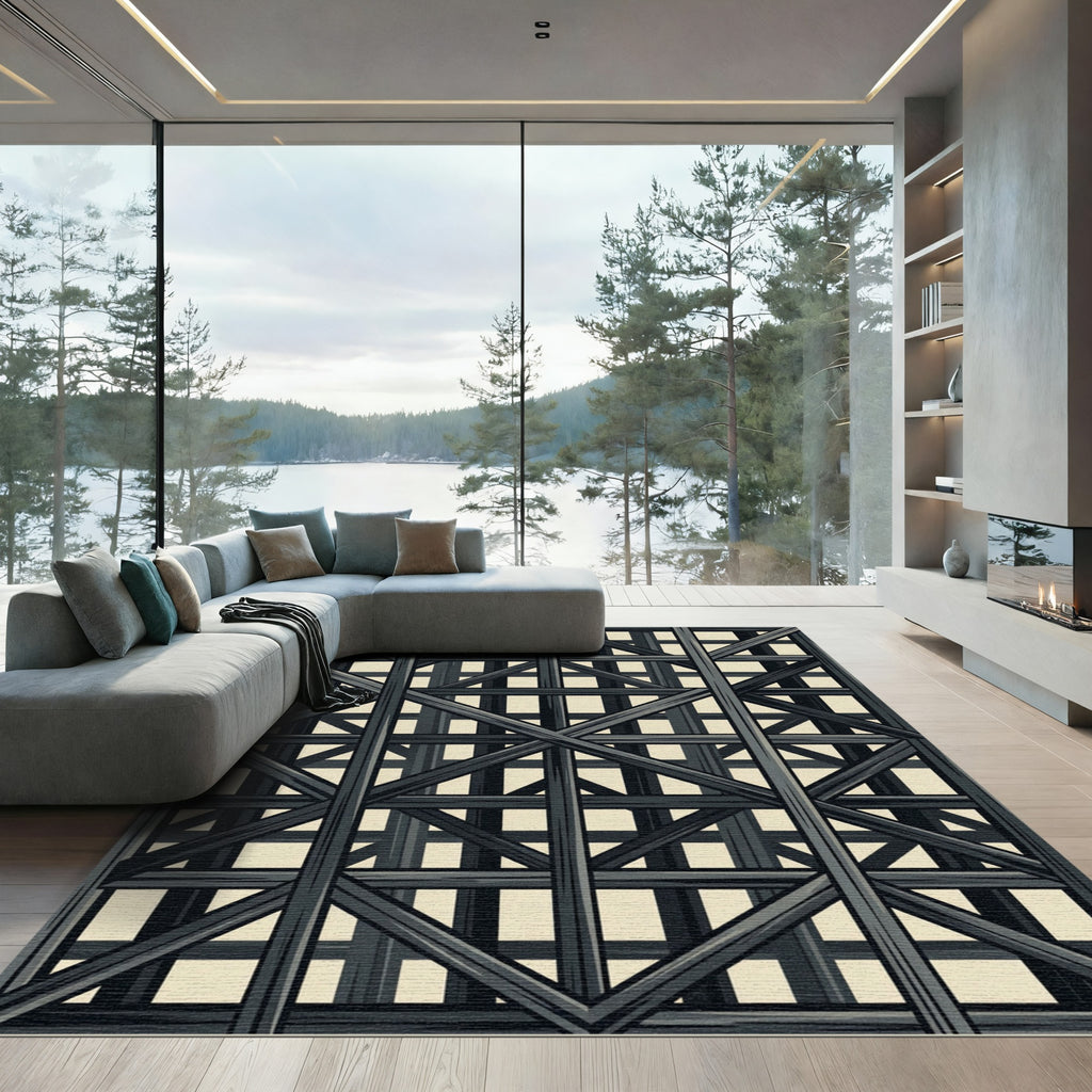 Dark Gray Wooden Lattice Frame Rug
