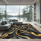 Luxurious Gold and Black Marble Swirl Rug