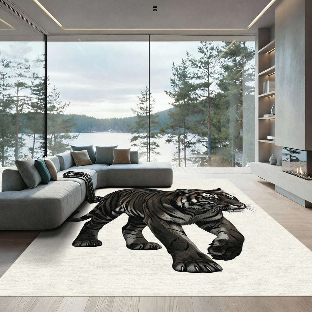 Striking Dark Tiger Walking Silhouette Rug