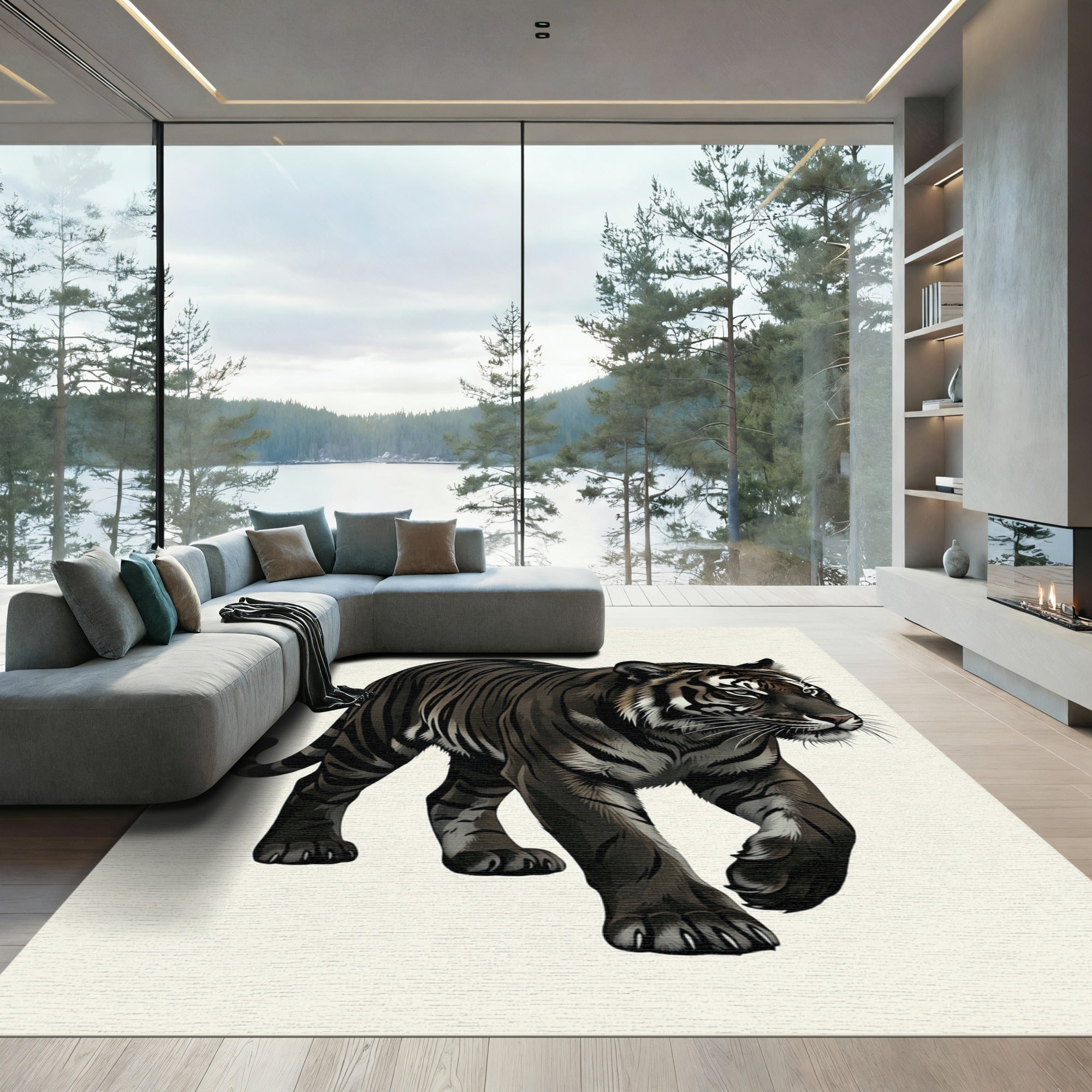 Striking Dark Tiger Walking Silhouette Rug