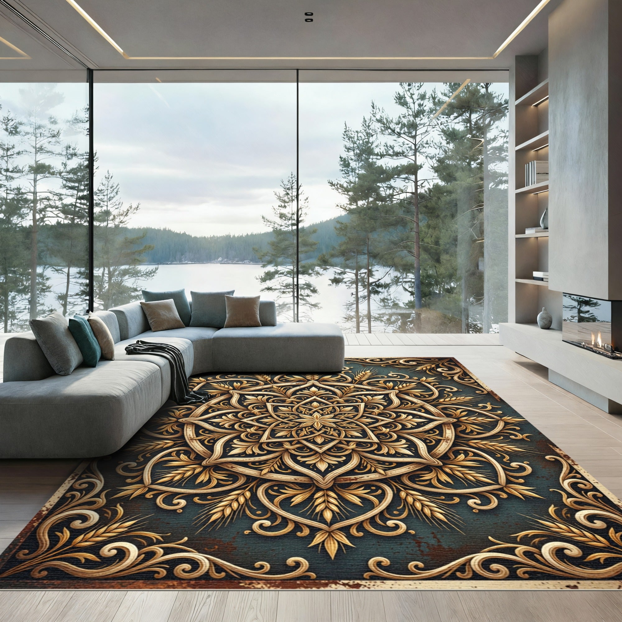 Golden Wheat Filigree Circular Medallion Rug