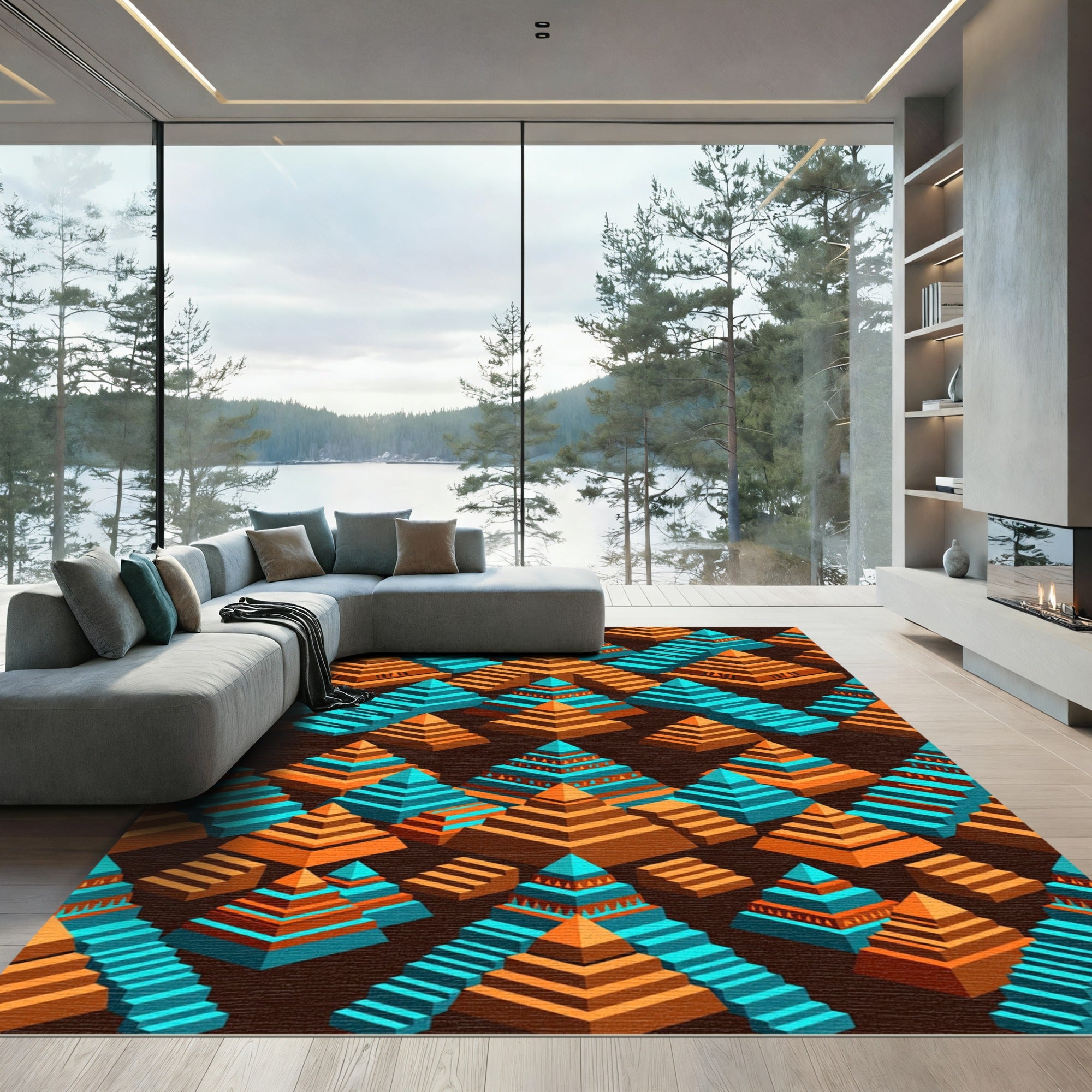 Teal and Amber Isometric Pyramid Abstract Rug