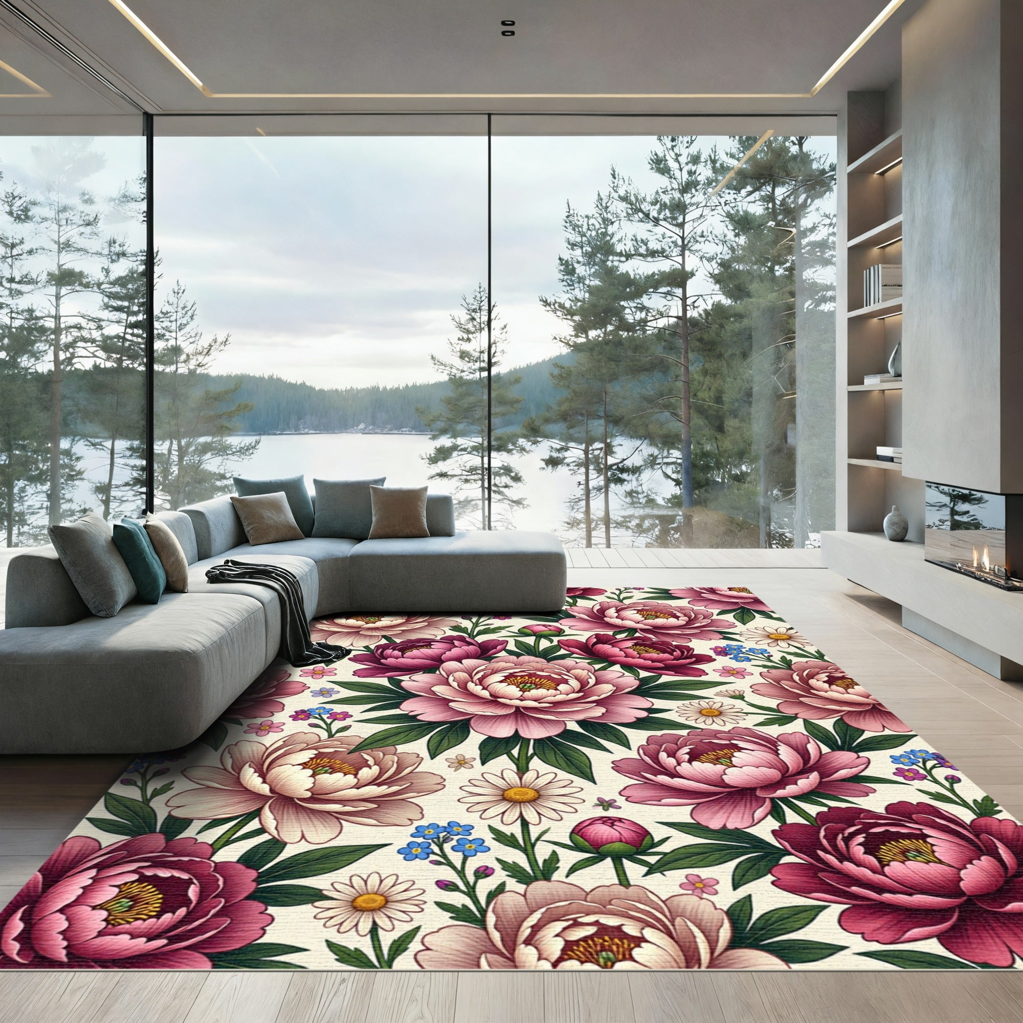 Rich Crimson Peony Garden Floral Rug
