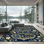 Elegant Navy Floral Frame Botanical Rug