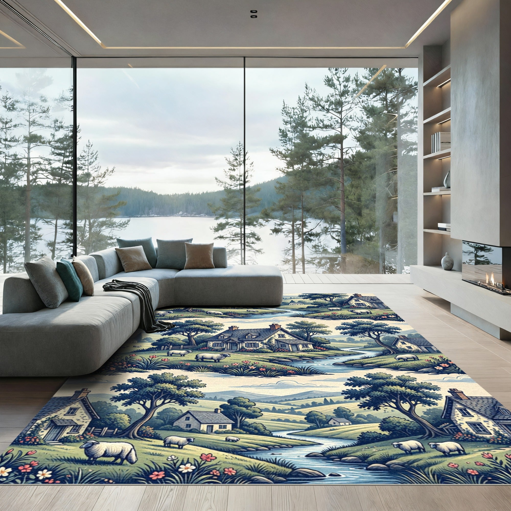 Pastoral Countryside Cottage and Sheep Landscape Rug
