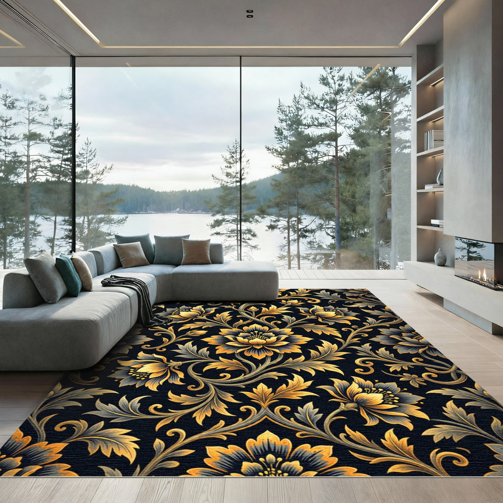 Luxurious Black Gold Floral Damask Rug