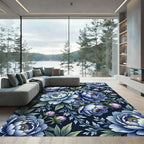 Elegant Navy Blue Peony Botanical Garden Rug