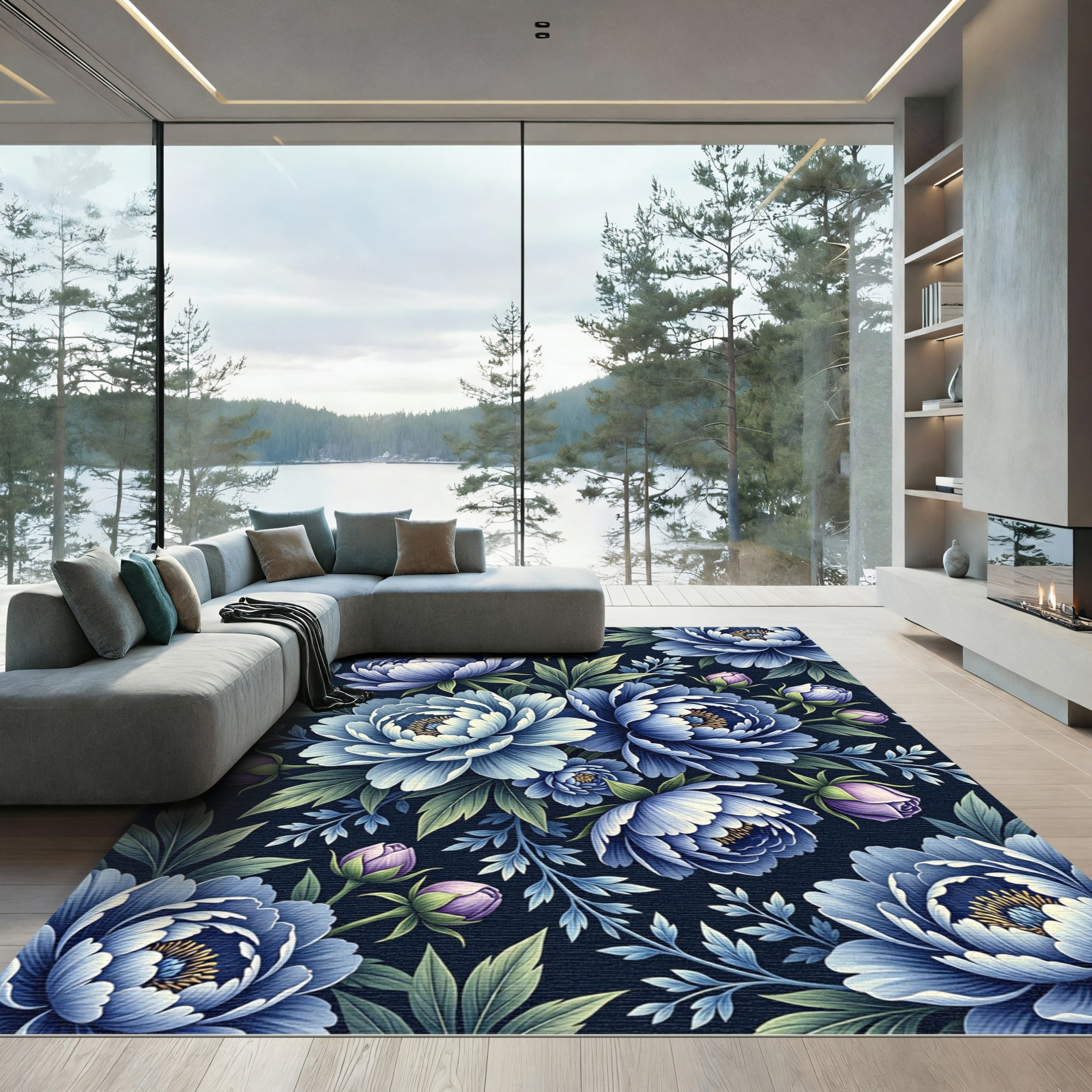 Elegant Navy Blue Peony Botanical Garden Rug