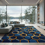 Modern Navy Hexagon Geometric Gold Art Rug