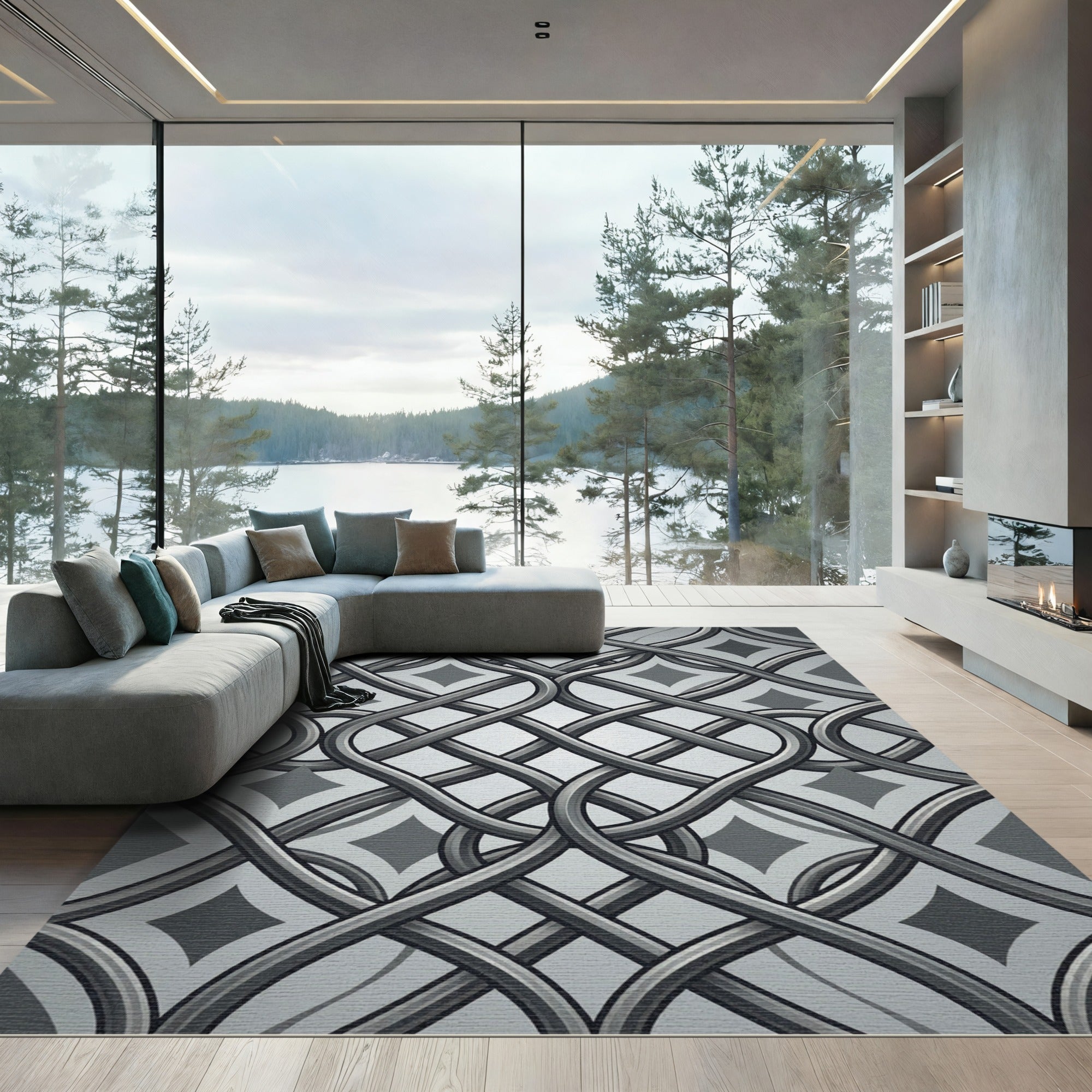 Metallic Silver Interlocking Geometric Links Rug