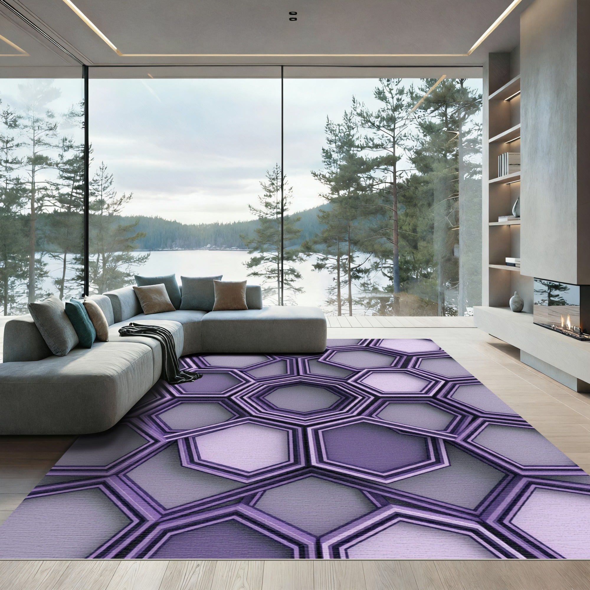Modern Lavender Interlocking Geometric Hexagon Rug
