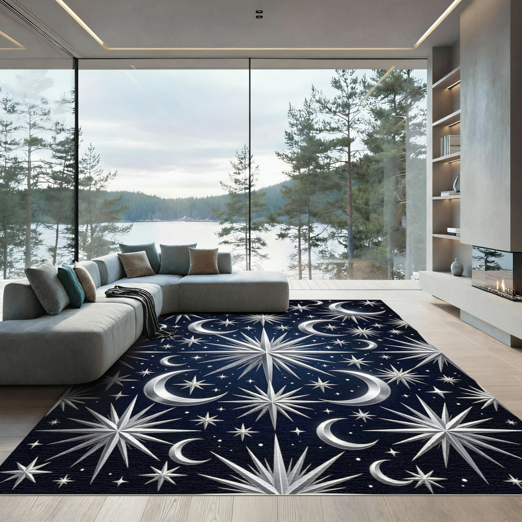 Celestial Silver Moon and Star Night Rug