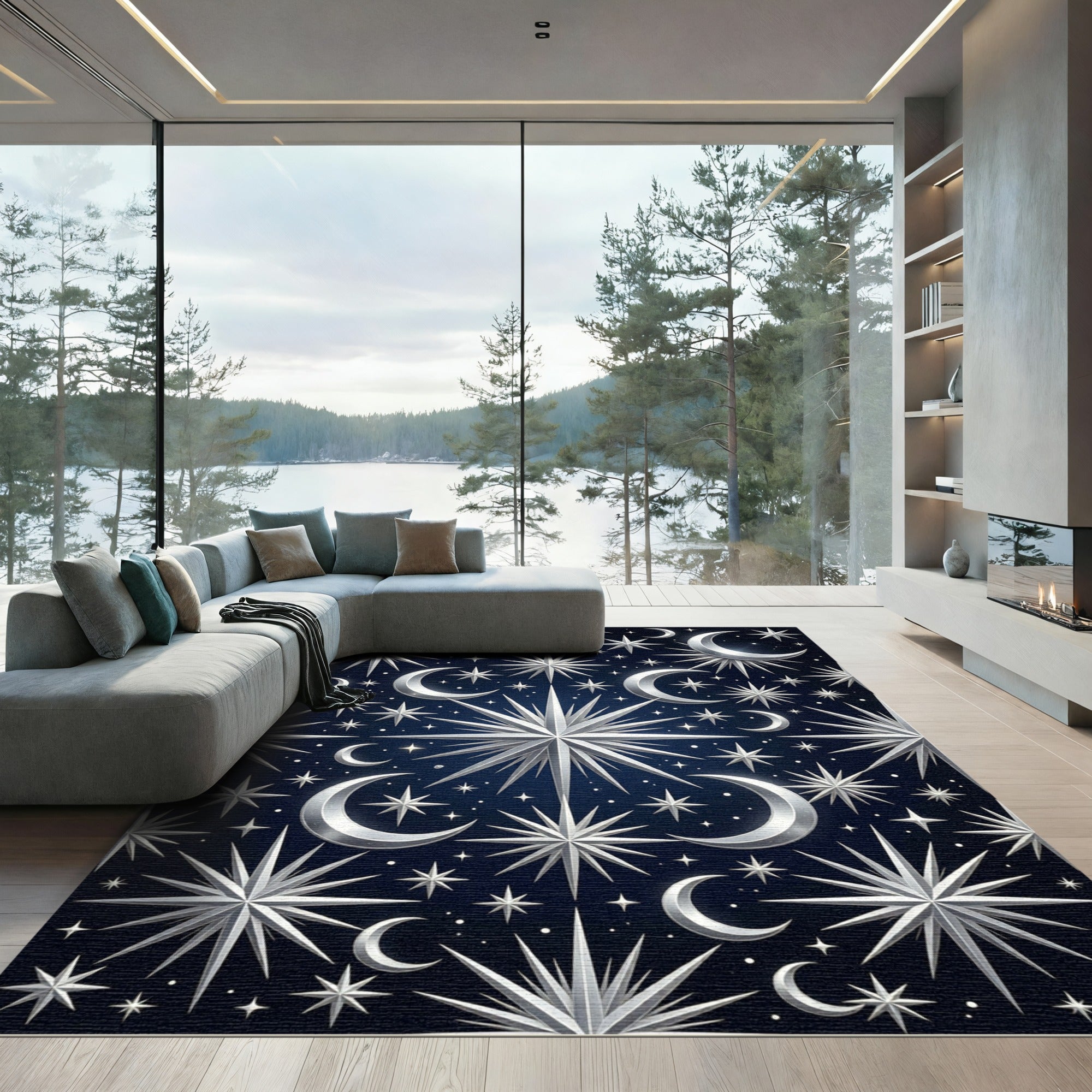Celestial Silver Moon and Star Night Rug
