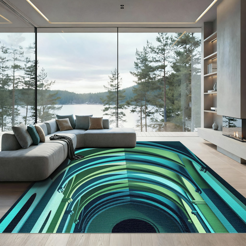 Teal Emerald Abstract Architectural Arch Rug