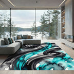 Abstract Teal and Black Swirl Art Rug