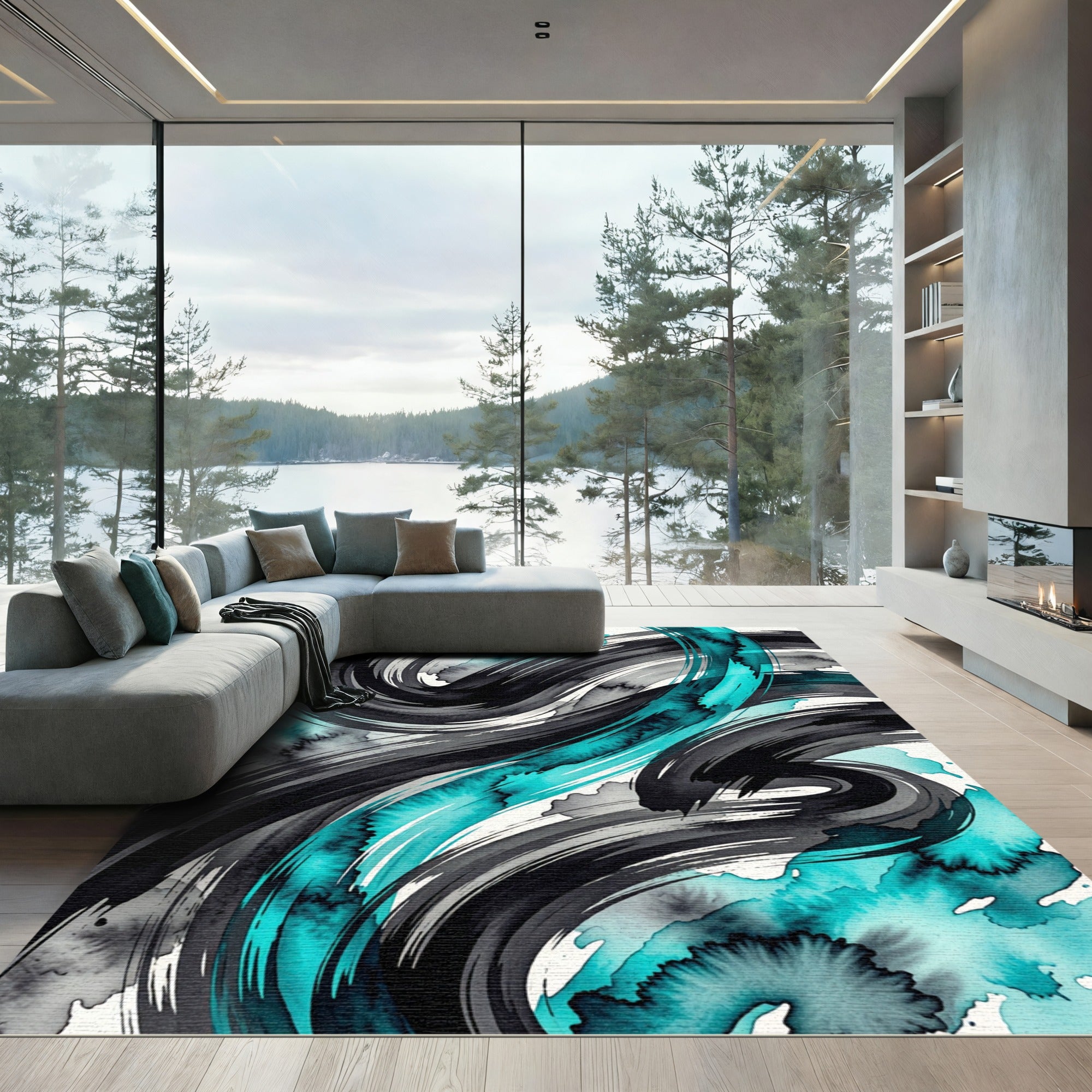 Abstract Teal and Black Swirl Art Rug