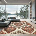 Coral and Taupe Ornate Damask Scroll Rug
