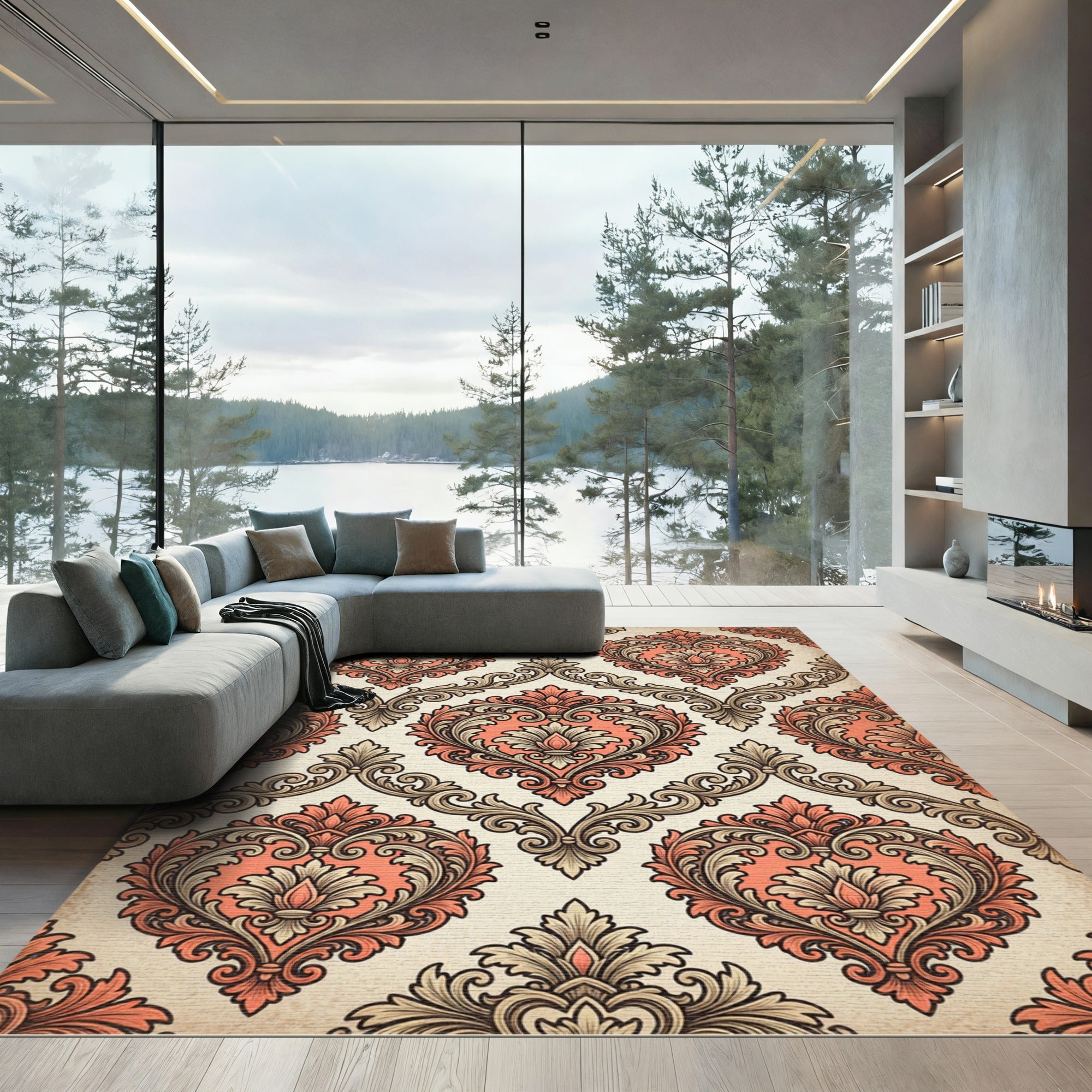 Coral and Taupe Ornate Damask Scroll Rug