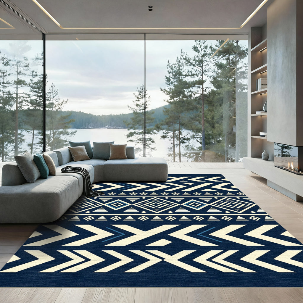 Bold Navy Cream Geometric Aztec Rug