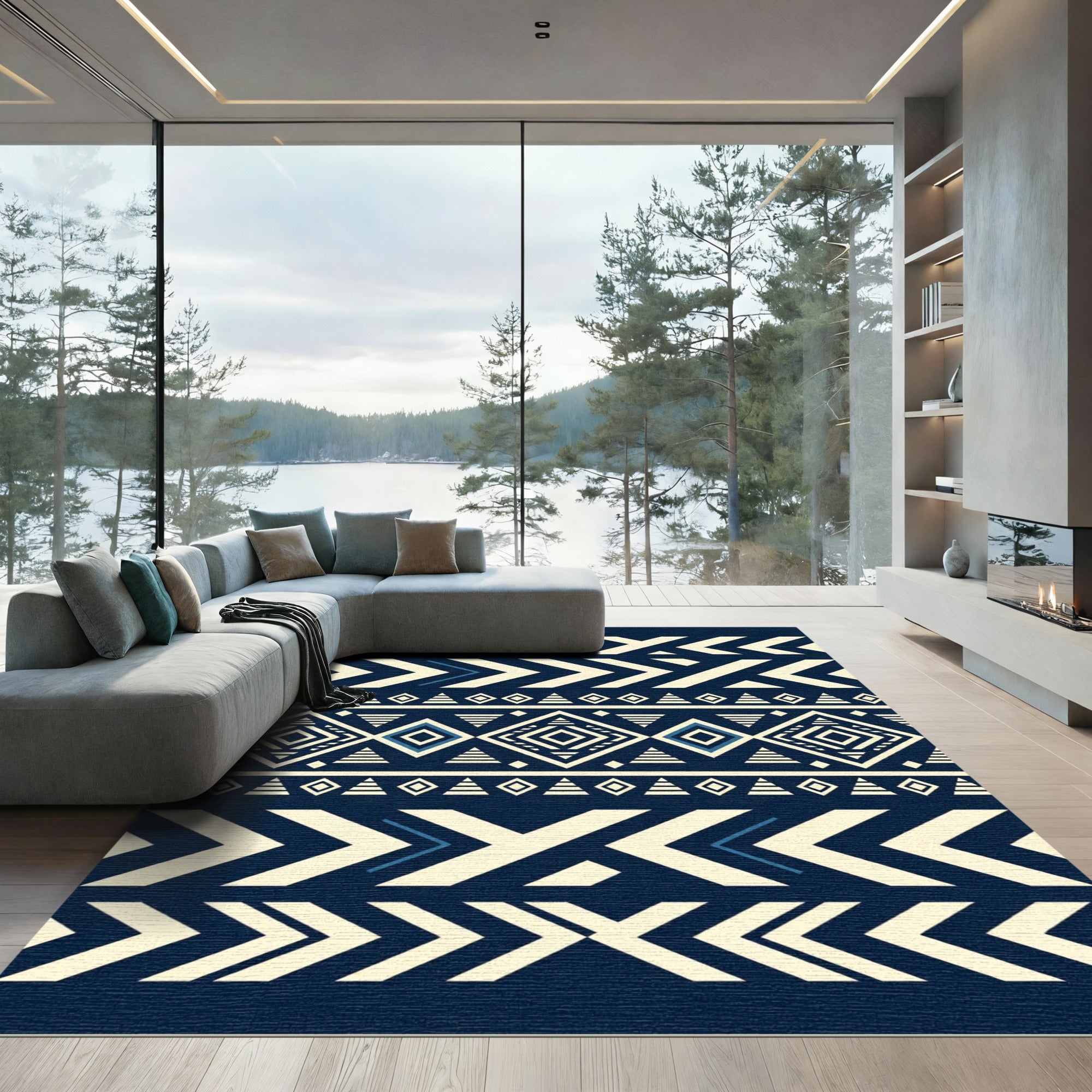 Bold Navy Cream Geometric Aztec Rug