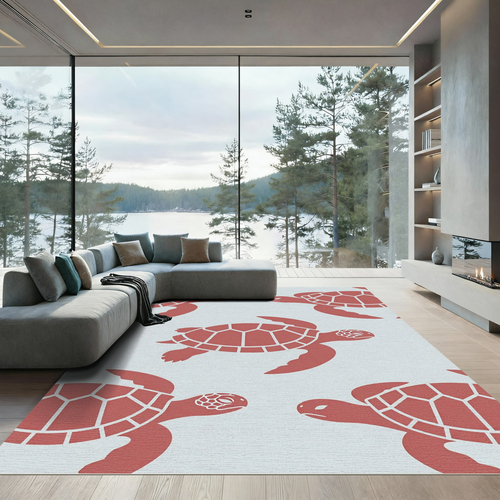 Playful Coral Sea Turtle Geometric Rug