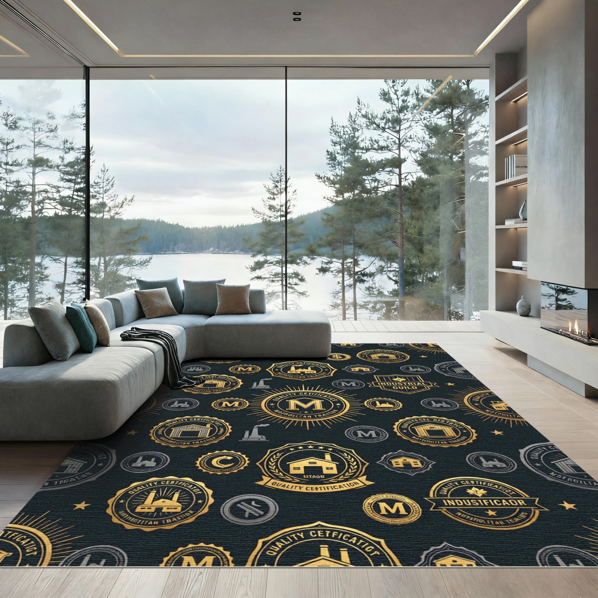 Golden Industrial Emblem Navy Geometric Rug