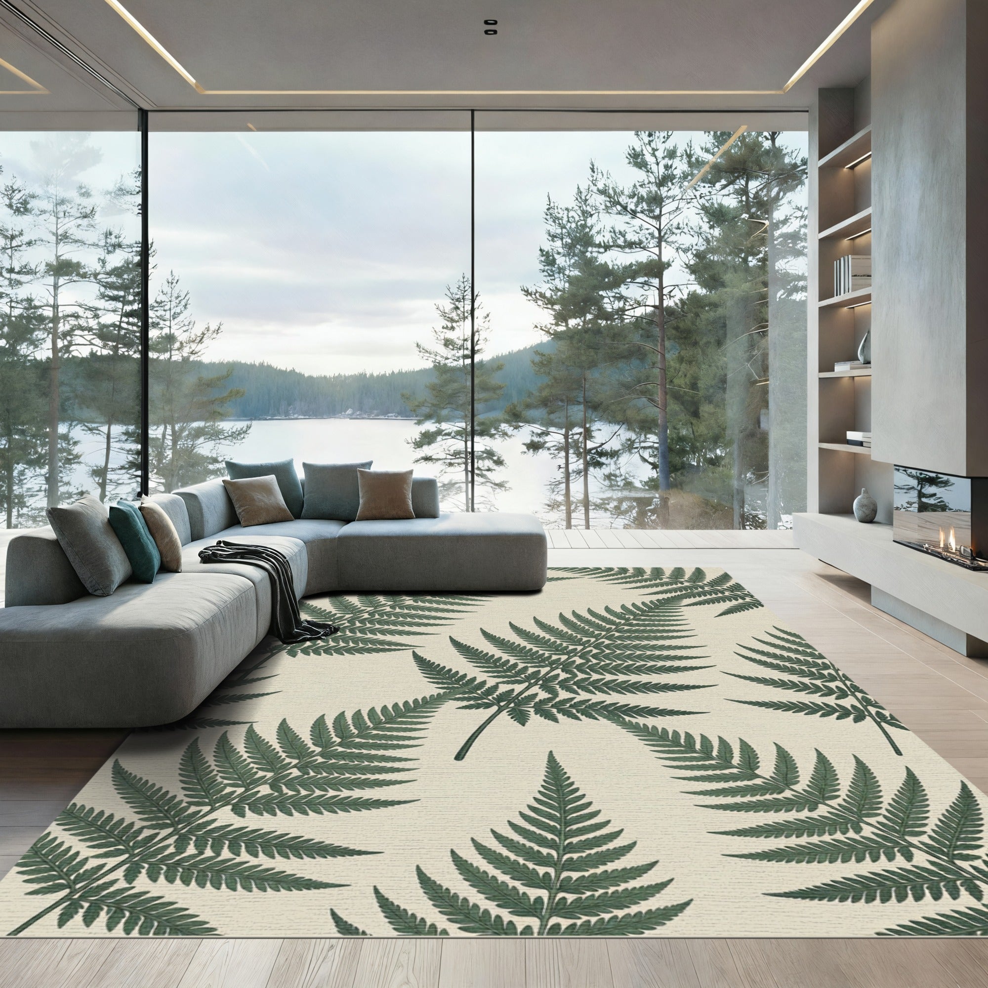 Dark Green Fern Botanical Pattern Rug