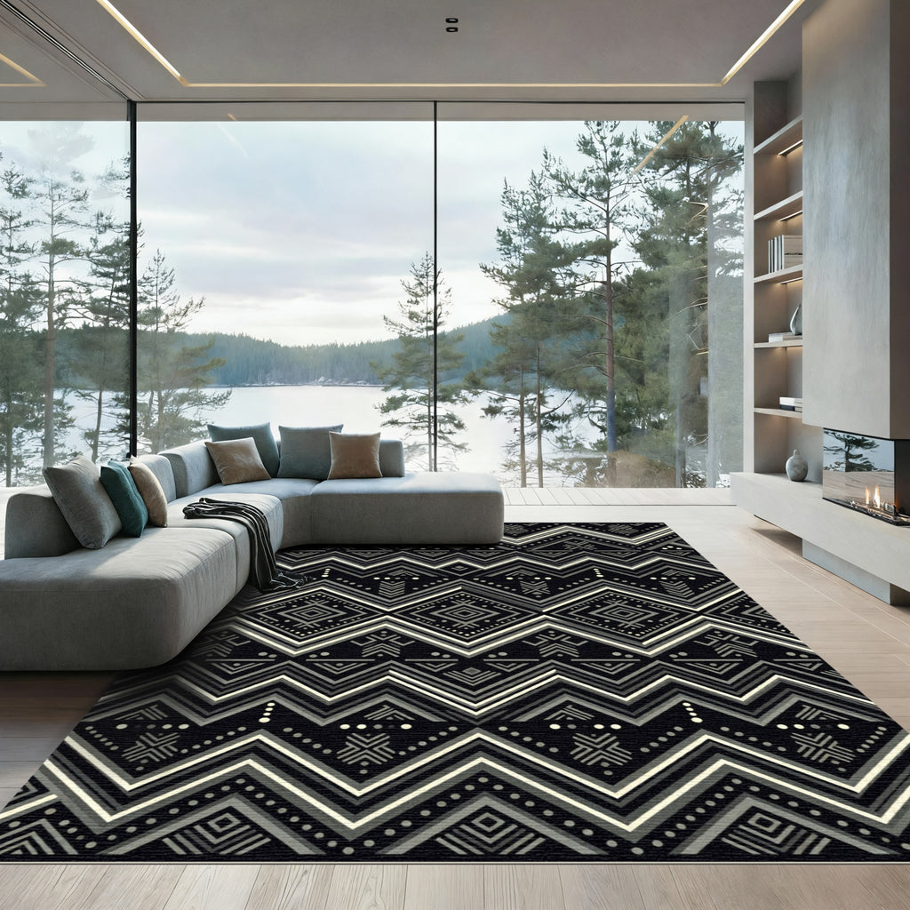 Monochrome Geometric Tribal Diamond Chevron Rug