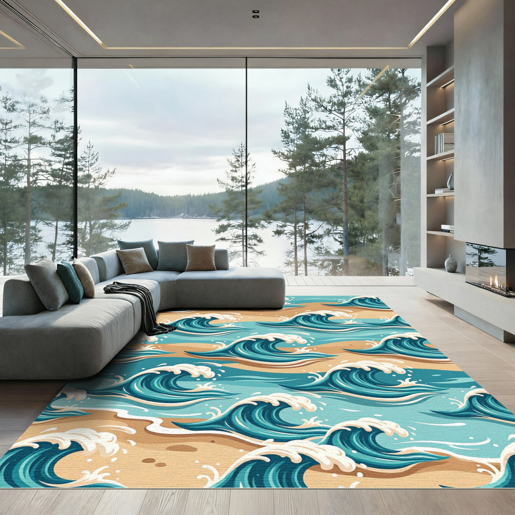 Playful Turquoise Coastal Ocean Wave Rug