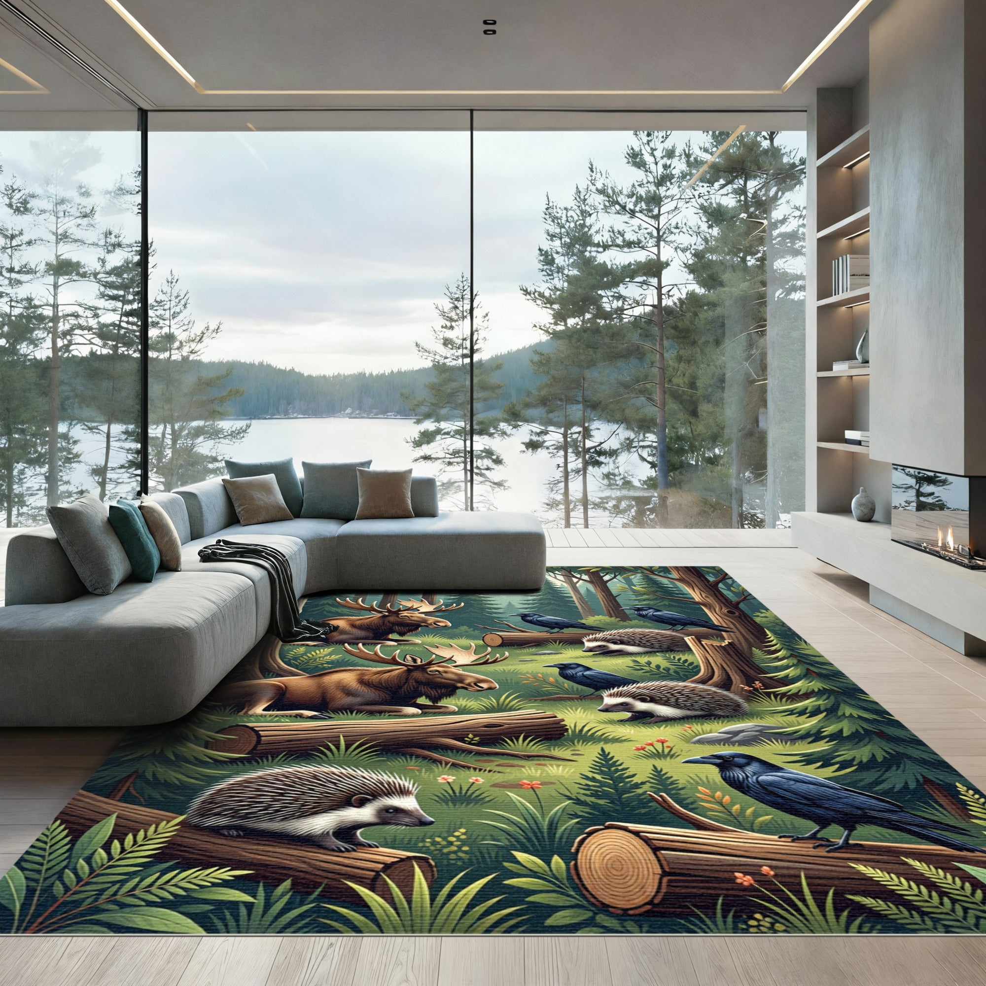 Enchanted Forest Moose and Wildlife Scene Rug